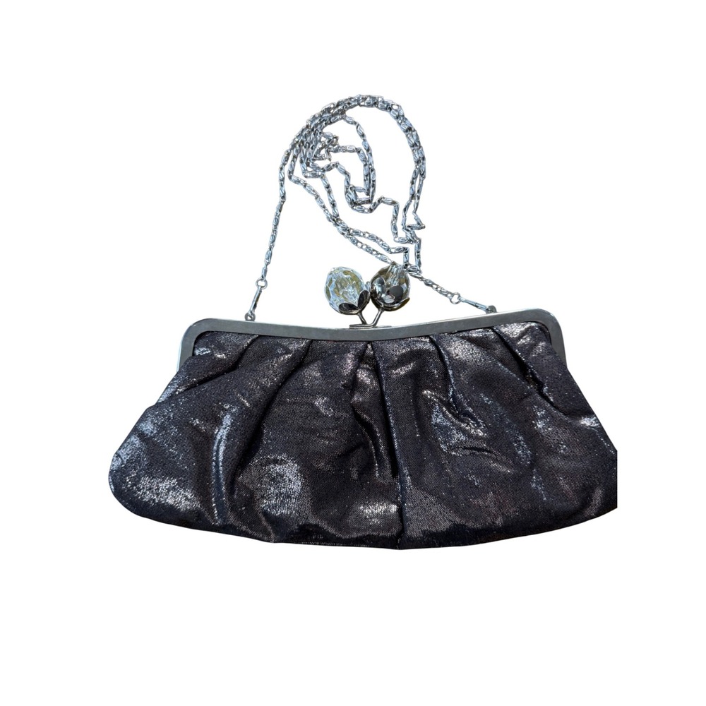 Vintage Metallic Pewter Pleated Evening Clutch Bag with Crystal Kiss Lock Chain